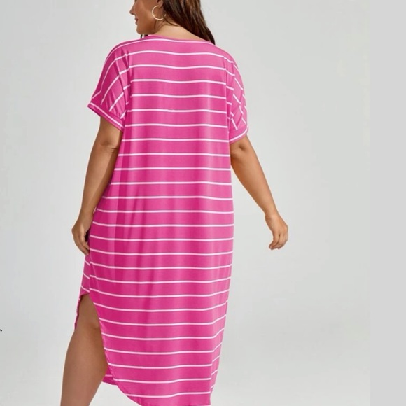 NWT Shein Pink & White Striped Short Sleeve Tee Dress - Picture 2 of 5